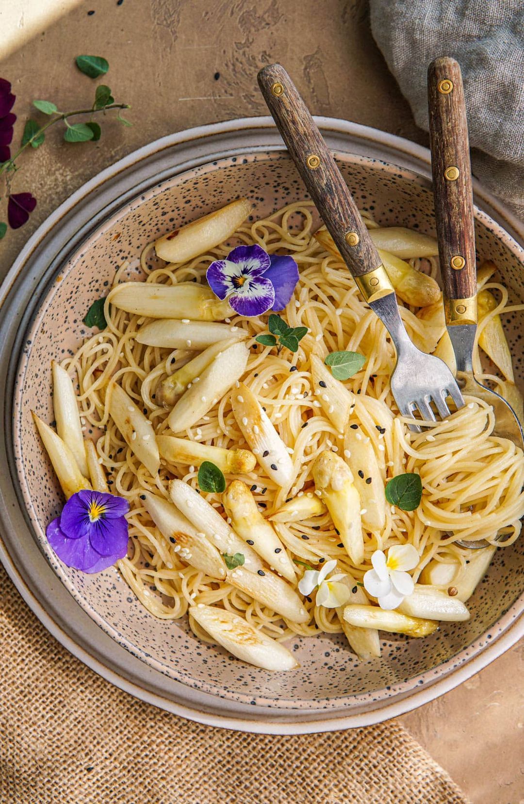 Miso butter pasta with white asparagus