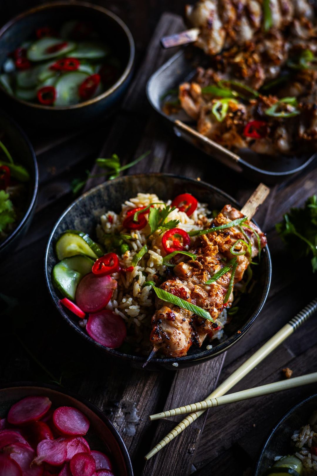 Delicious marinated Asian chicken satay on the BBQ