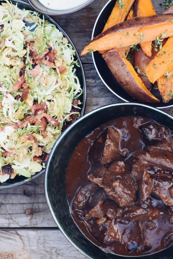 Venison stew with port and gingerbread, Brussels sprouts salad and sweet potato