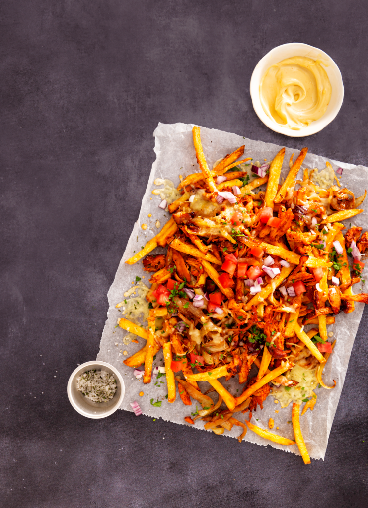 Loaded fries met pulled chicken