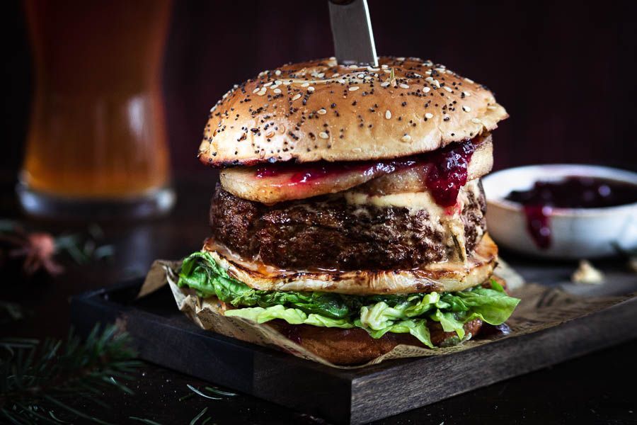 Grilled winter burger with celeriac and nashi pear