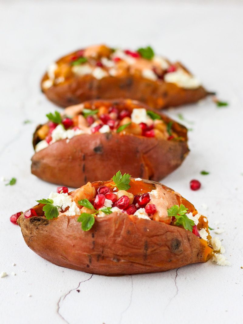 Baked sweet potato with chickpeas and feta cheese