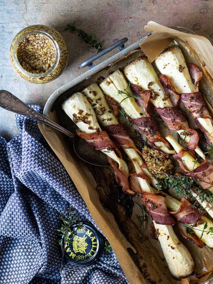 Parsnip in a bacon jacket with mustard