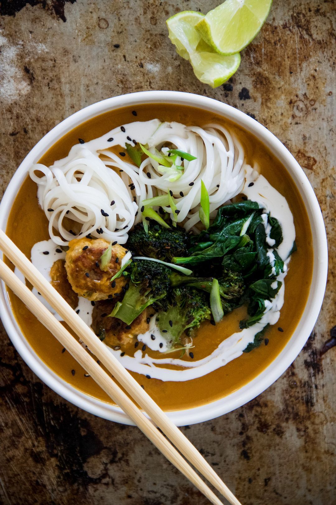 Sweet potato soup with rice noodles and meatballs