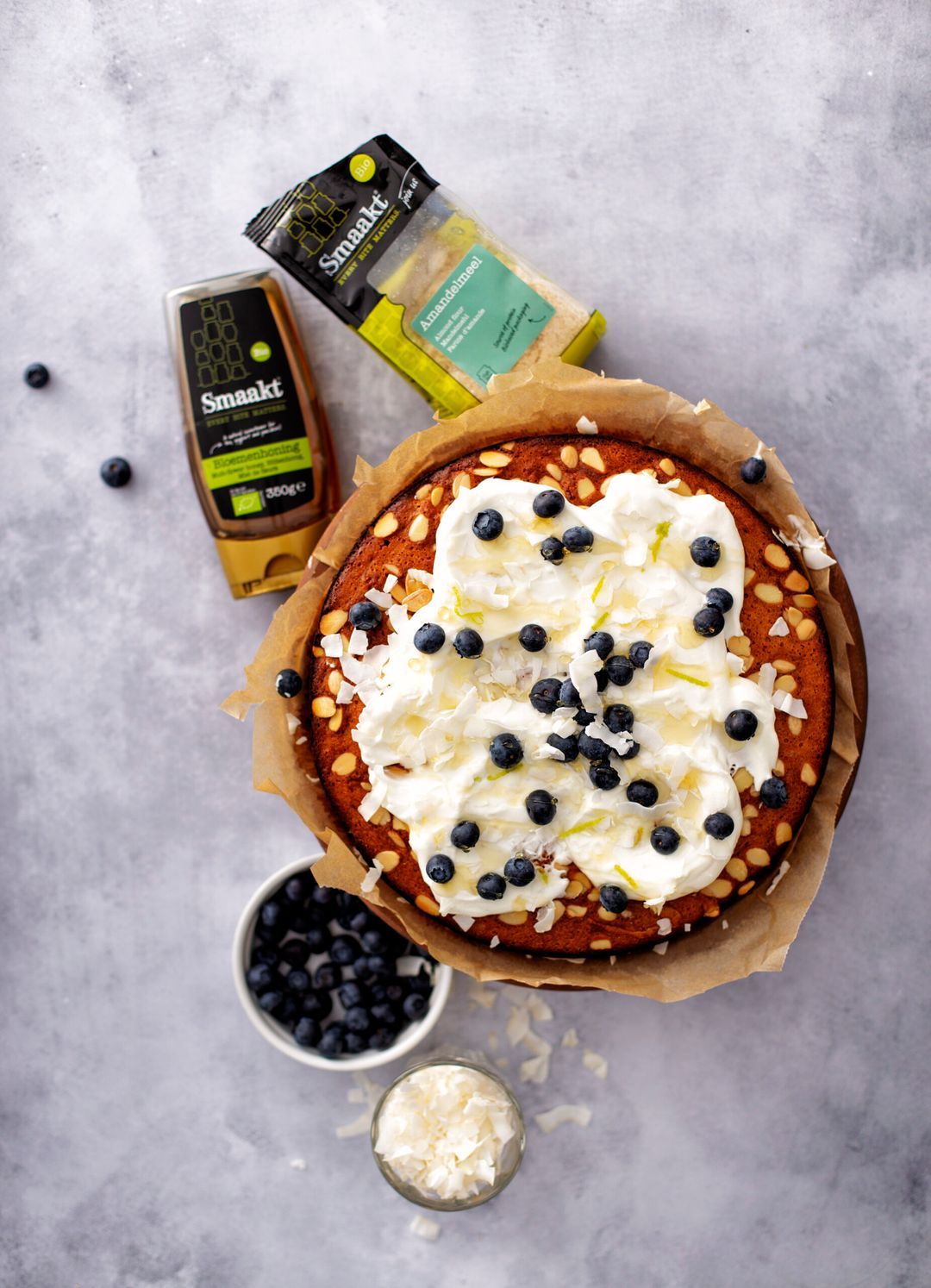 Almond cake with cottage cheese, blueberries and coconut