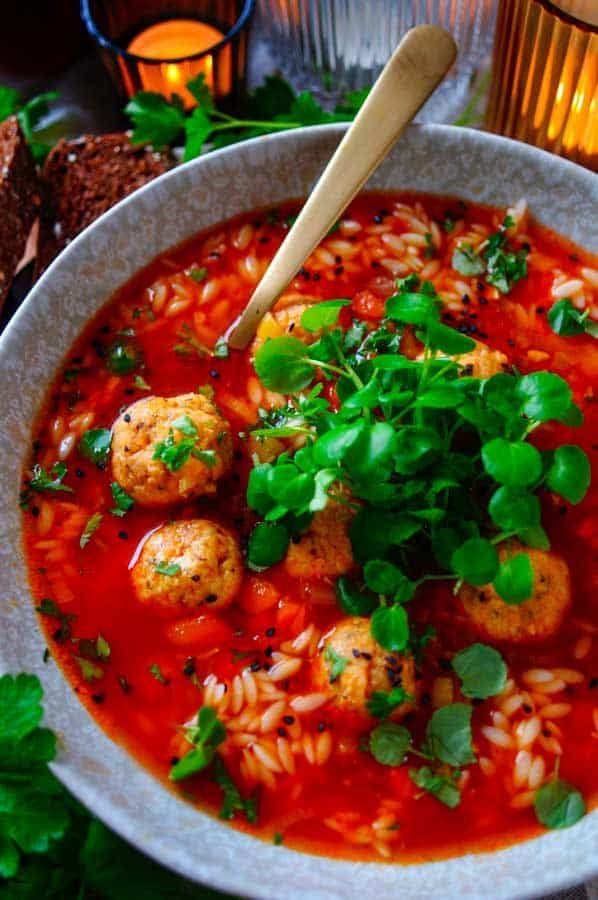 Minestrone soup with chicken balls