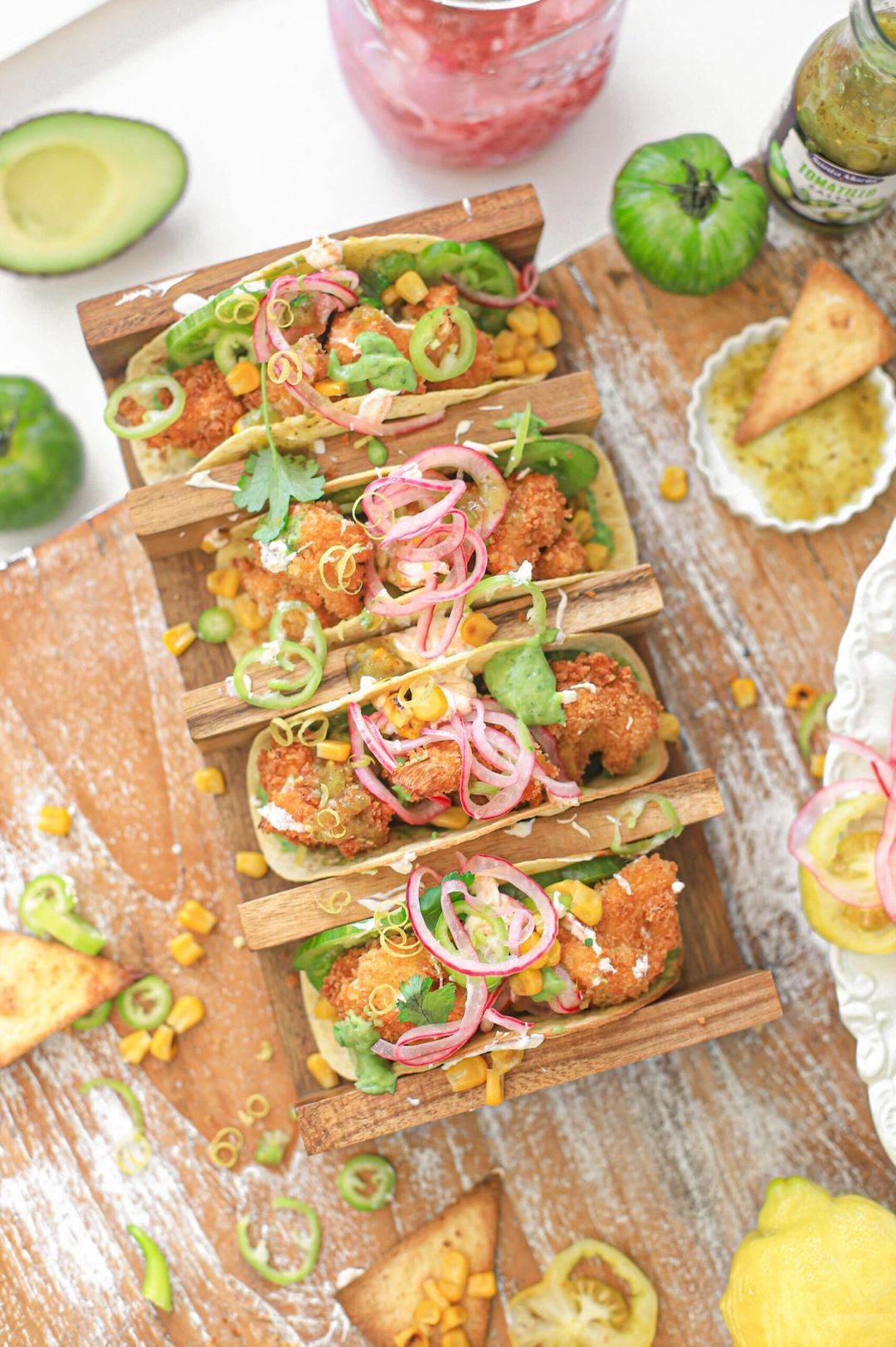 Tacos with crispy cauliflower avocado and pickles