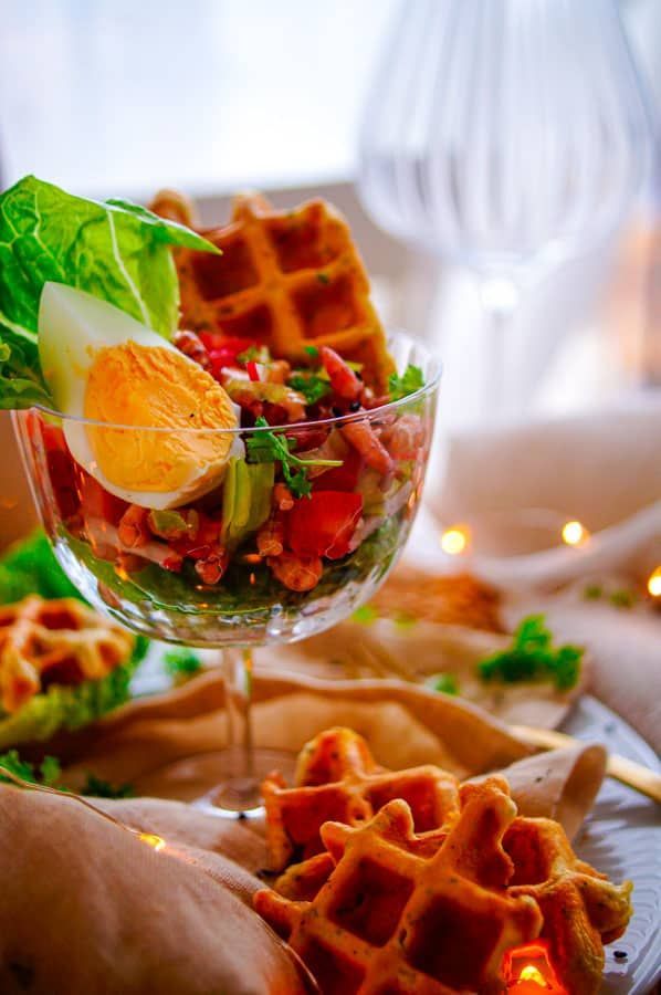 Shrimp cocktail with savory waffle