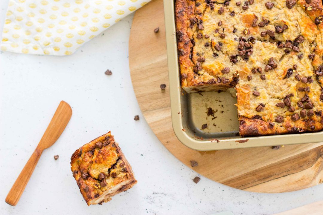 Healthy bread pudding with banana & chocolate