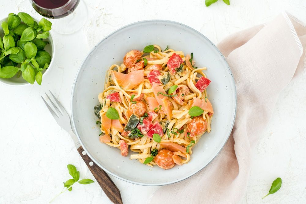 Pasta herb cheese with salmon