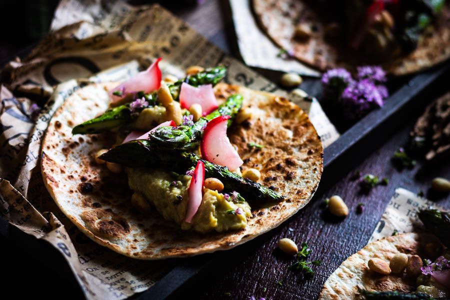 Vegetarian Tostada with grilled asparagus