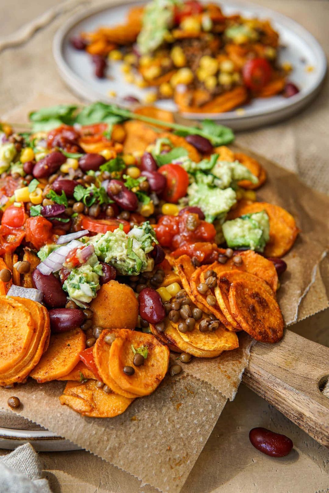 Vegan Tex Mex nacho dish with sweet potato