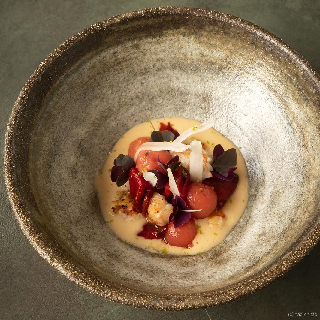 Fried langoustines with grilled bell pepper and watermelon