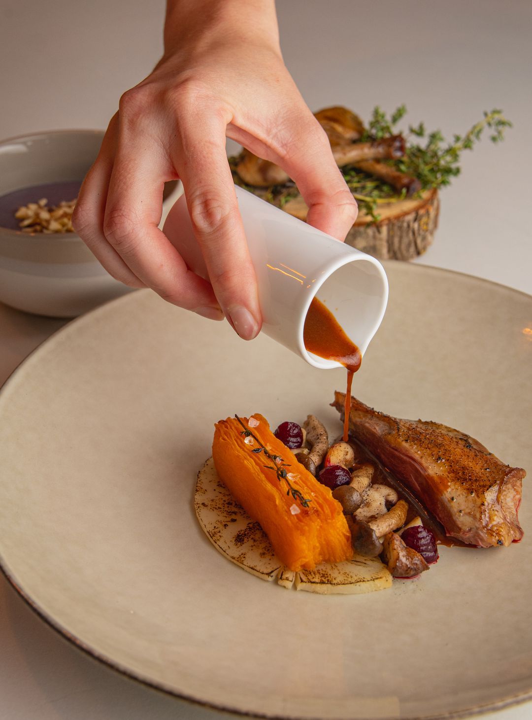 Anjou pigeon with celeriac, shiitake and butternut