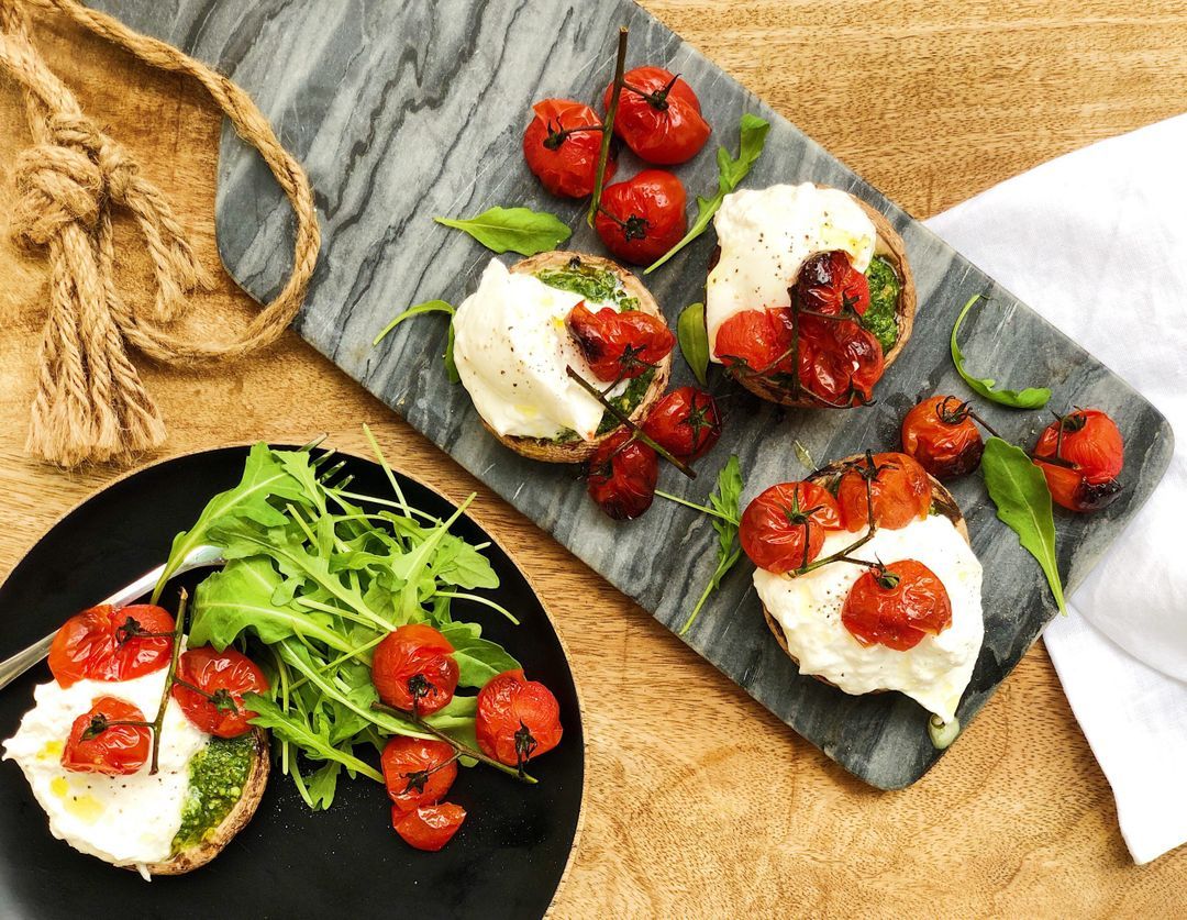 Pesto Portobello Mushrooms With Roasted Tomatoes And Burrata