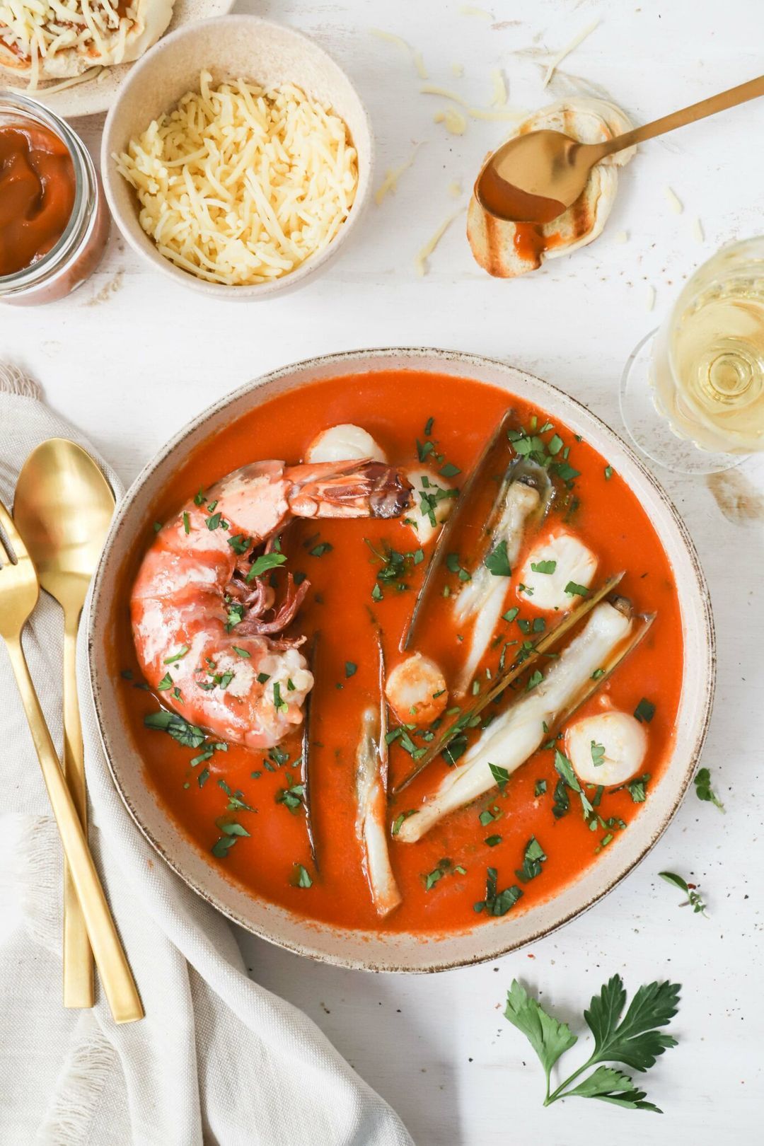 Bouillabaisse with giant prawns, razor blades and scallops