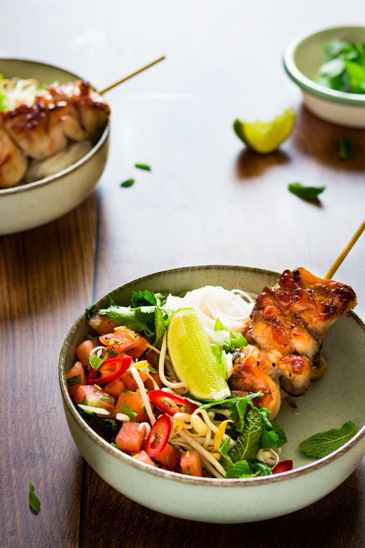 Marinated chicken satay with watermelon and noodles