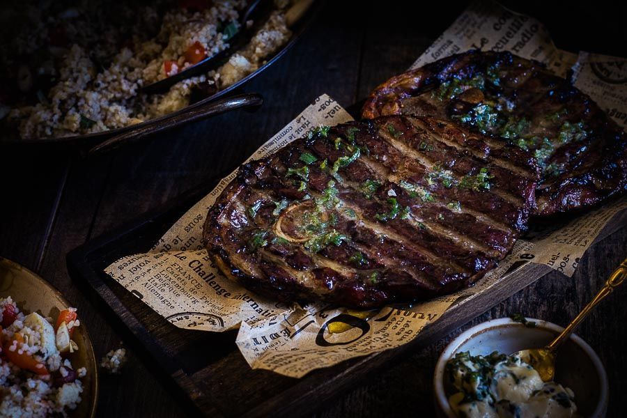 Grilled leg of lamb with mint butter and couscous