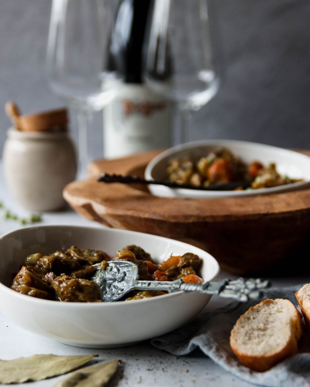 Beef mustard stew with silver onions