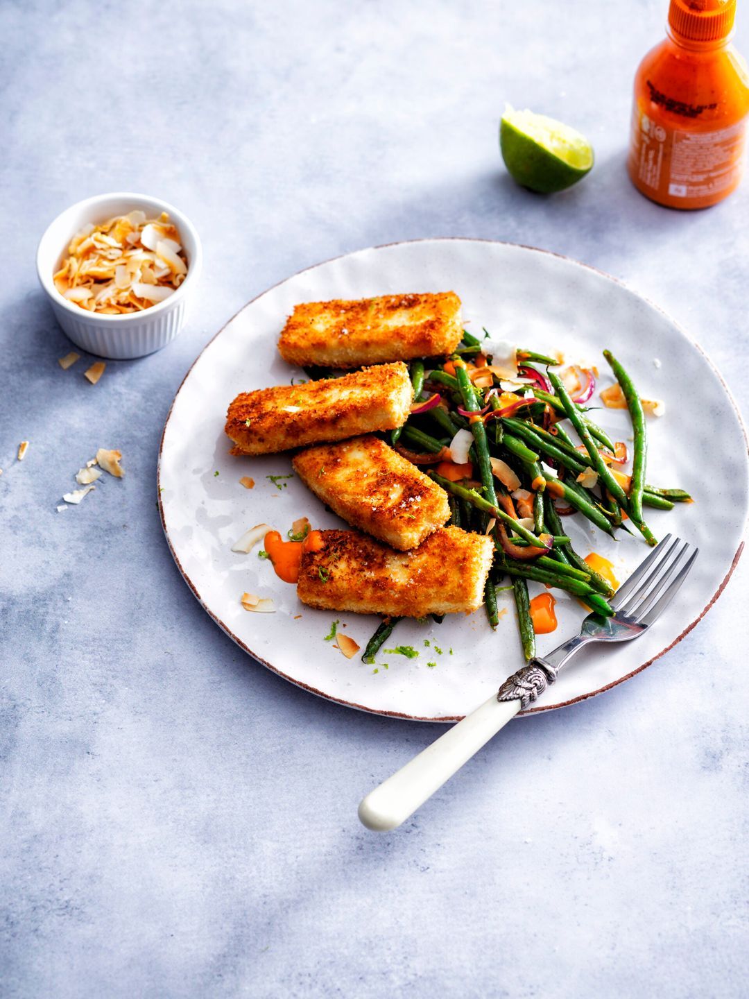 Deep fried tofu in coconut crust with srira beans