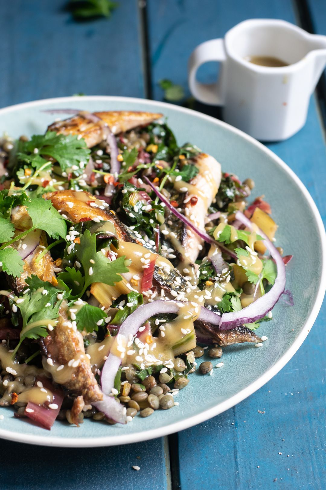 Mackerel with lentils and chard