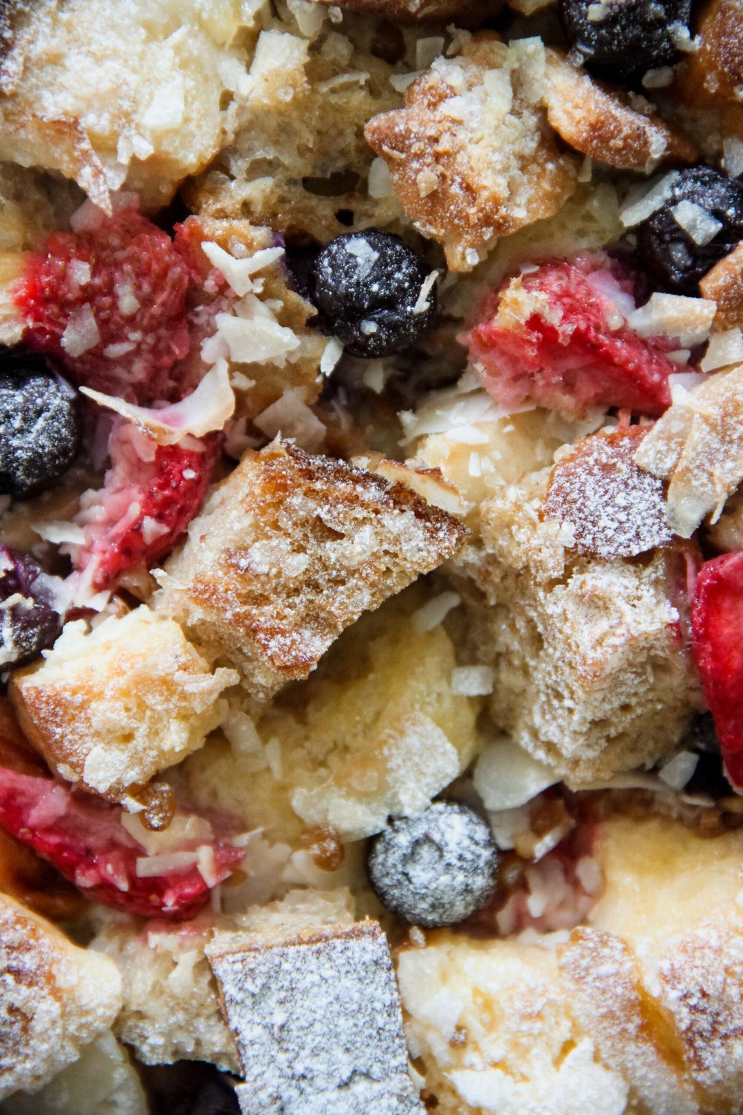 Bread pudding with red fruit and coconut