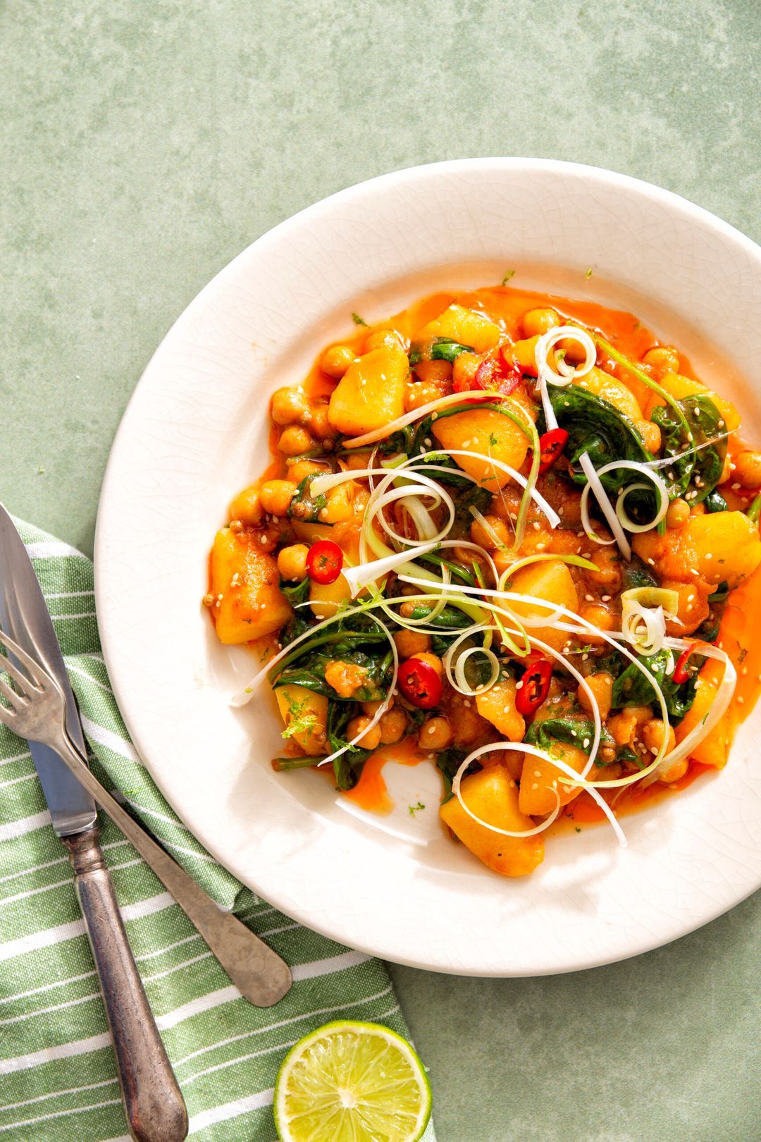 Miso potatoes with chickpeas and spring onions