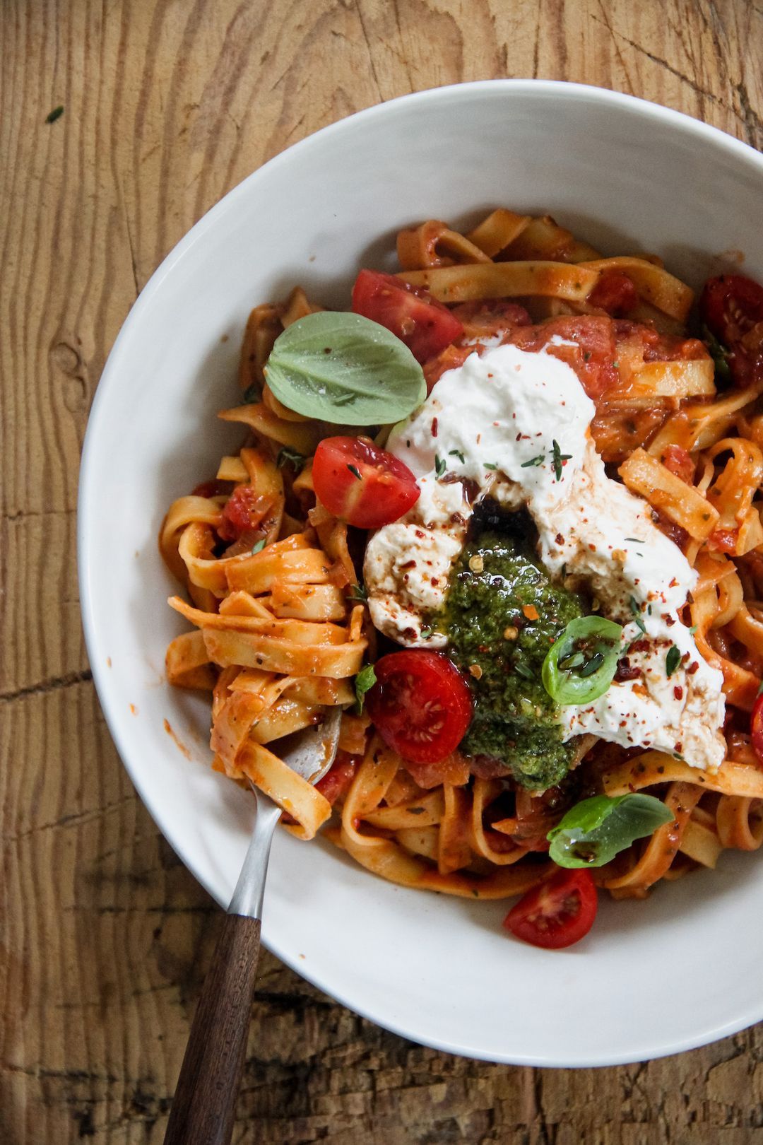 Pasta with tomato sauce and burrata