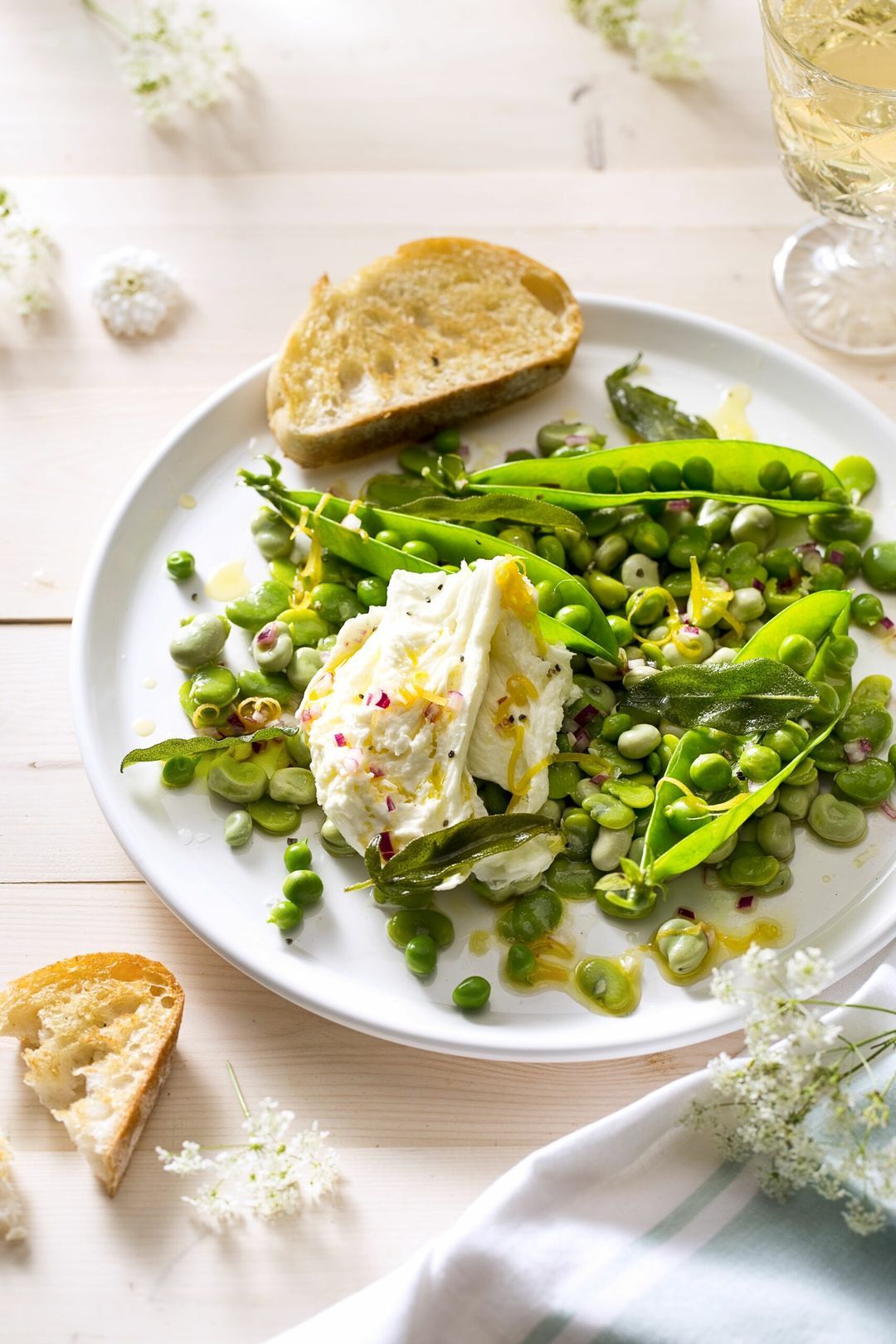 Broad bean salad with crispy sage and buffalo mozzarella