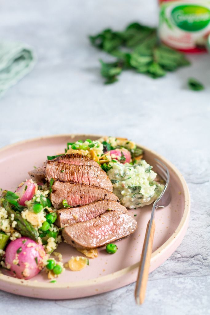 Lamb fillet with spring vegetables, couscous and tzatziki