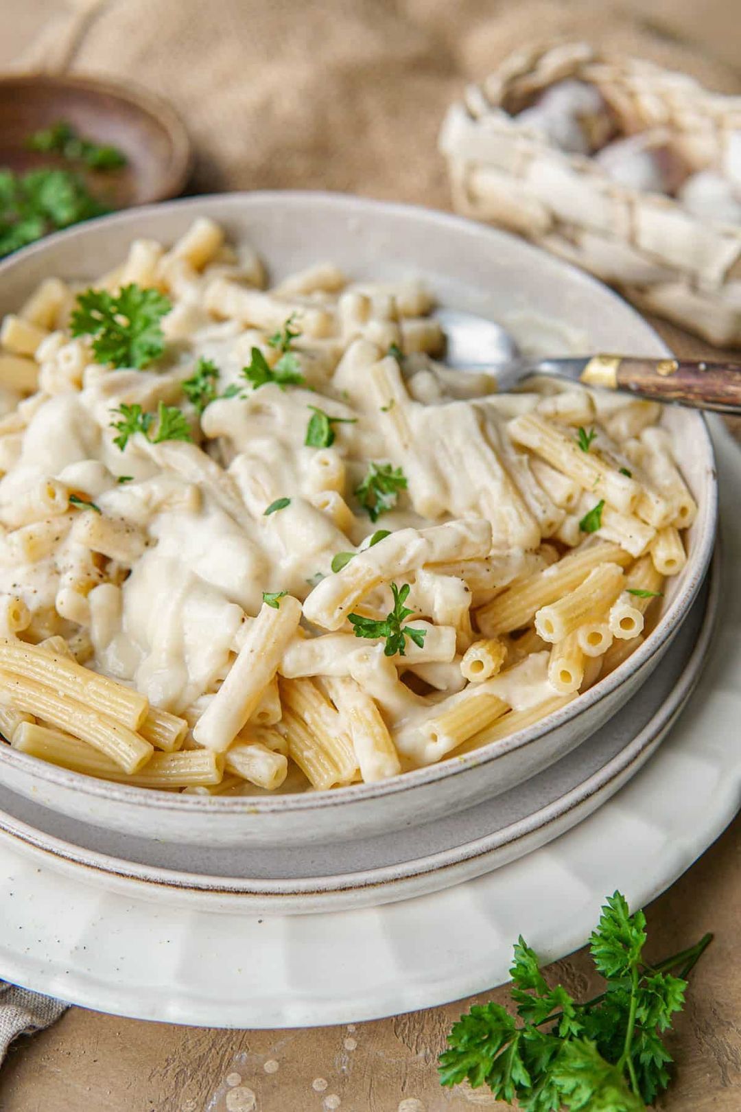 Vegan pasta with cream sauce and hidden cauliflower