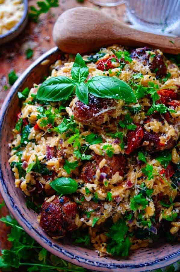 Orzo pasta with meatballs