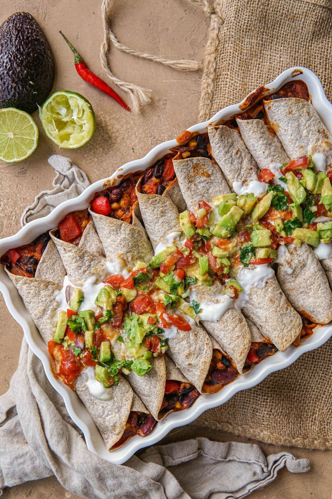 Vegan Tex Mex enchiladas with smoked tofu