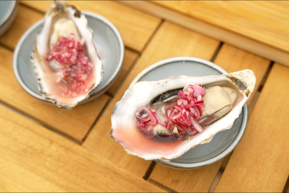 BBQ oysters with red onion vinaigrette