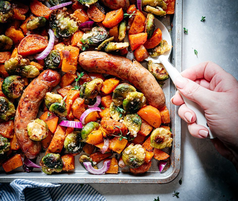 Traybake with pumpkin, sweet potato and Brussels sprouts