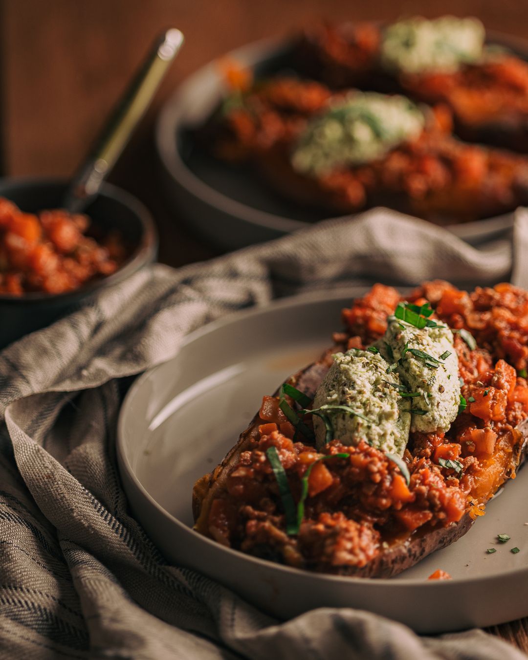 Stuffed sweet potato with bolognese sauce