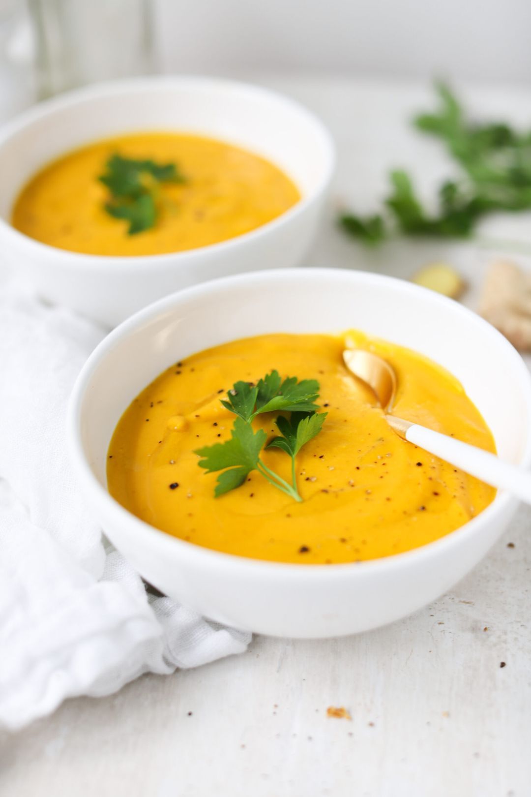 Carrot soup with coconut, curry, ginger and turmeric