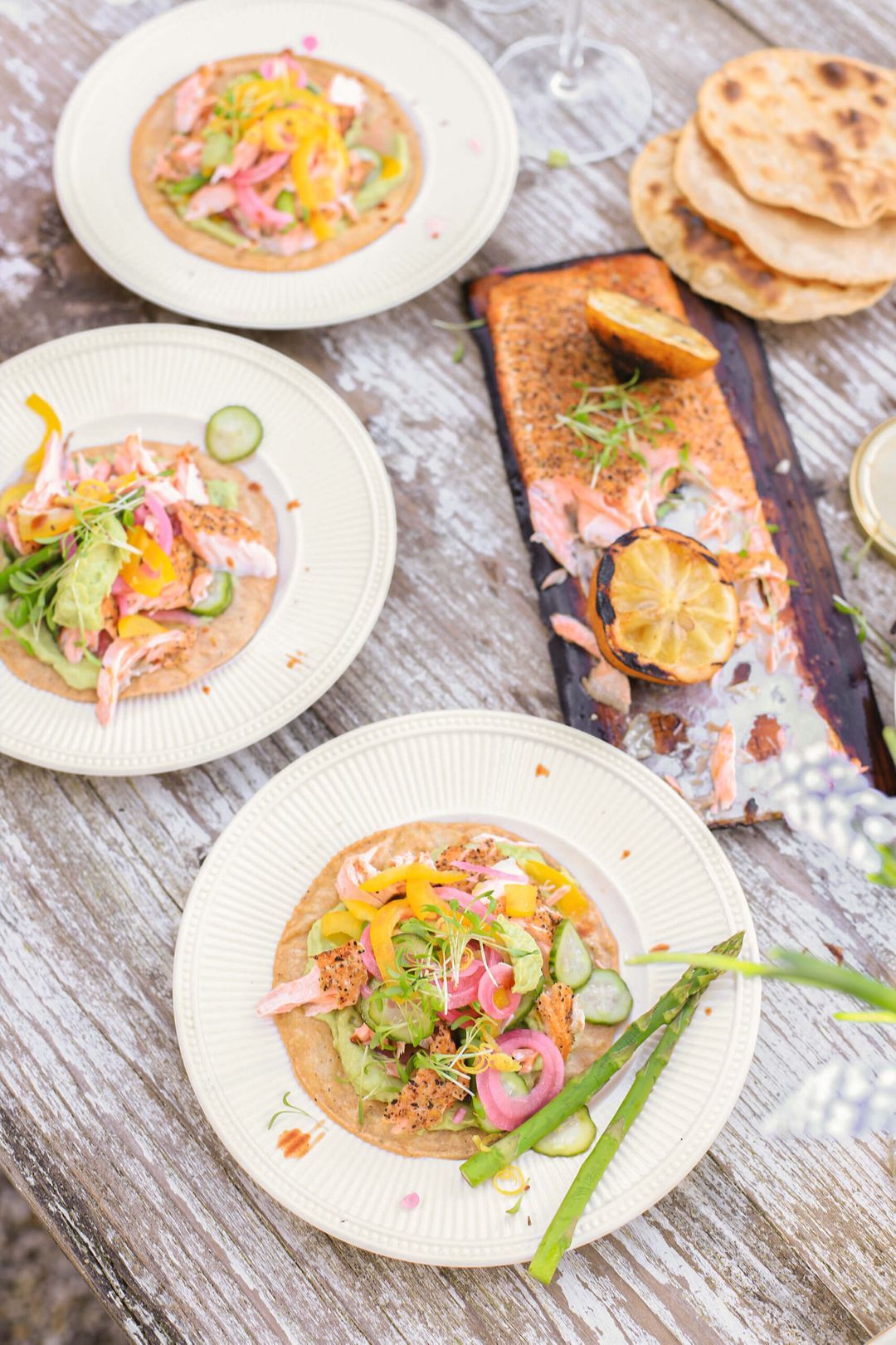 Salmon tacos from the BBQ avocado and roasted lemon