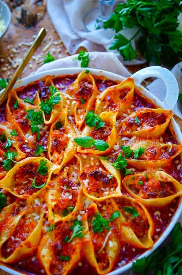 Stuffed pasta shells with chorizo and shrimp