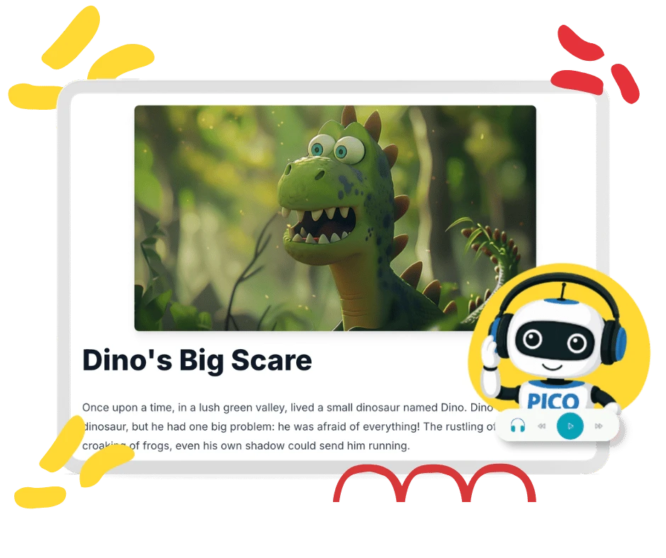 PicoBuddy reading passage with audio player and the Pico mascot wearing headphones