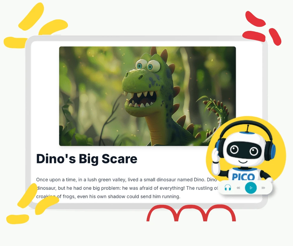 PicoBuddy reading passage about Dino's Big Scare with audio player and Pico wearing headphones