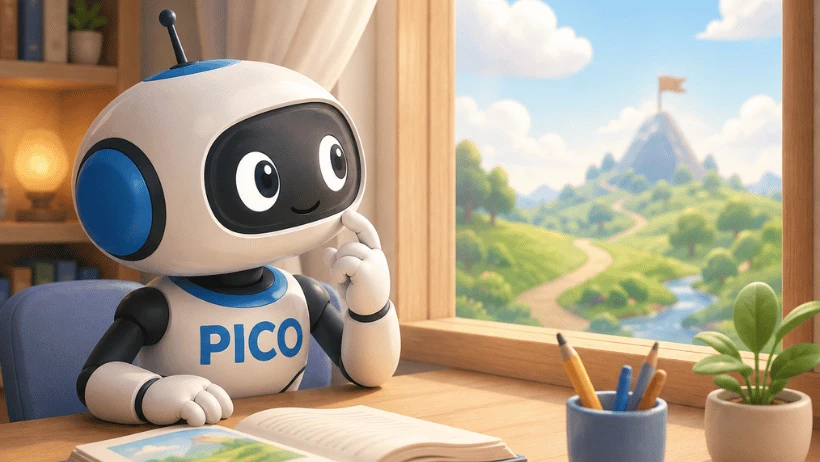 PicoBuddy looks thoughtfully out a window while sitting at a desk with an open book.