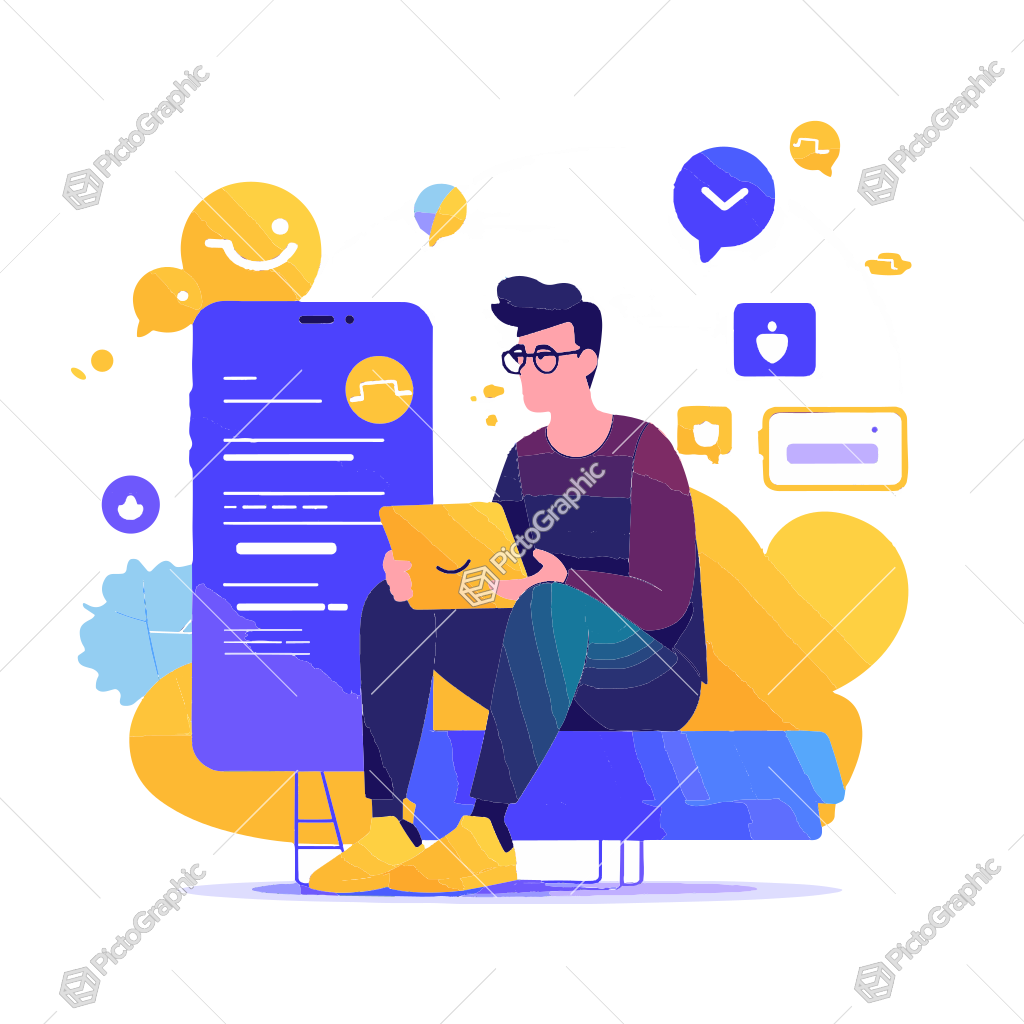 A stylized illustration of a man interacting with a tablet and sitting in front of a giant smartphone adorned with social media icons. A stylized illustration of a man interacting with a tablet and sitting in front of a giant smartphone adorned with social media icons.