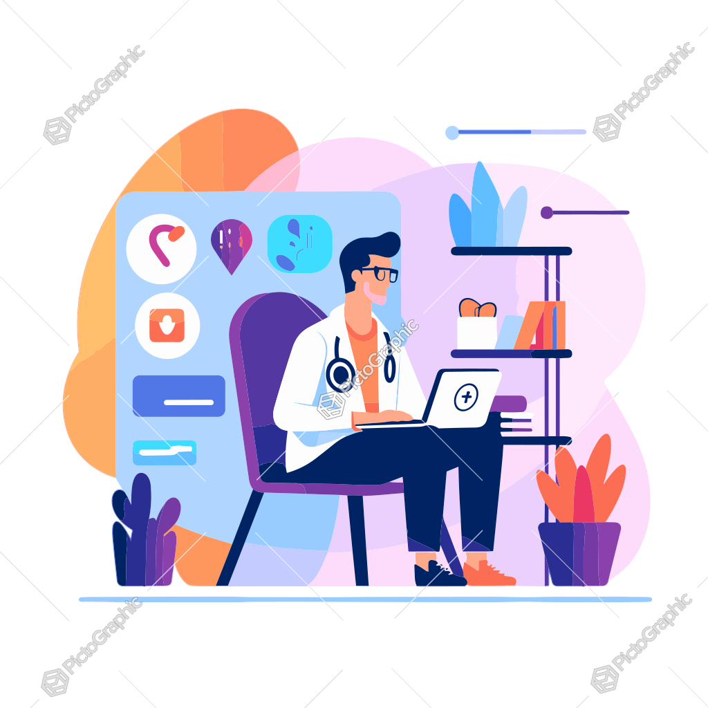 Illustrated healthcare professional with digital health icons.