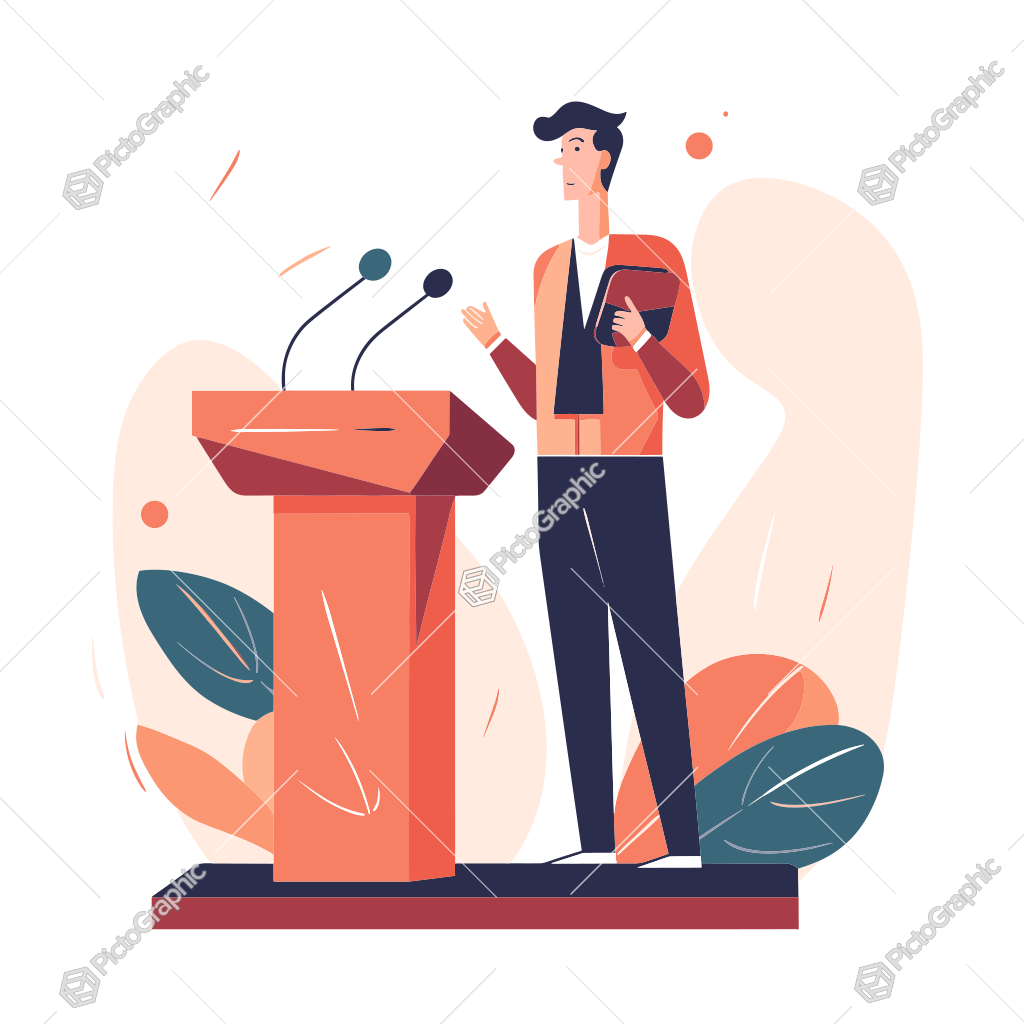 Illustration of a man giving a speech at a lectern.