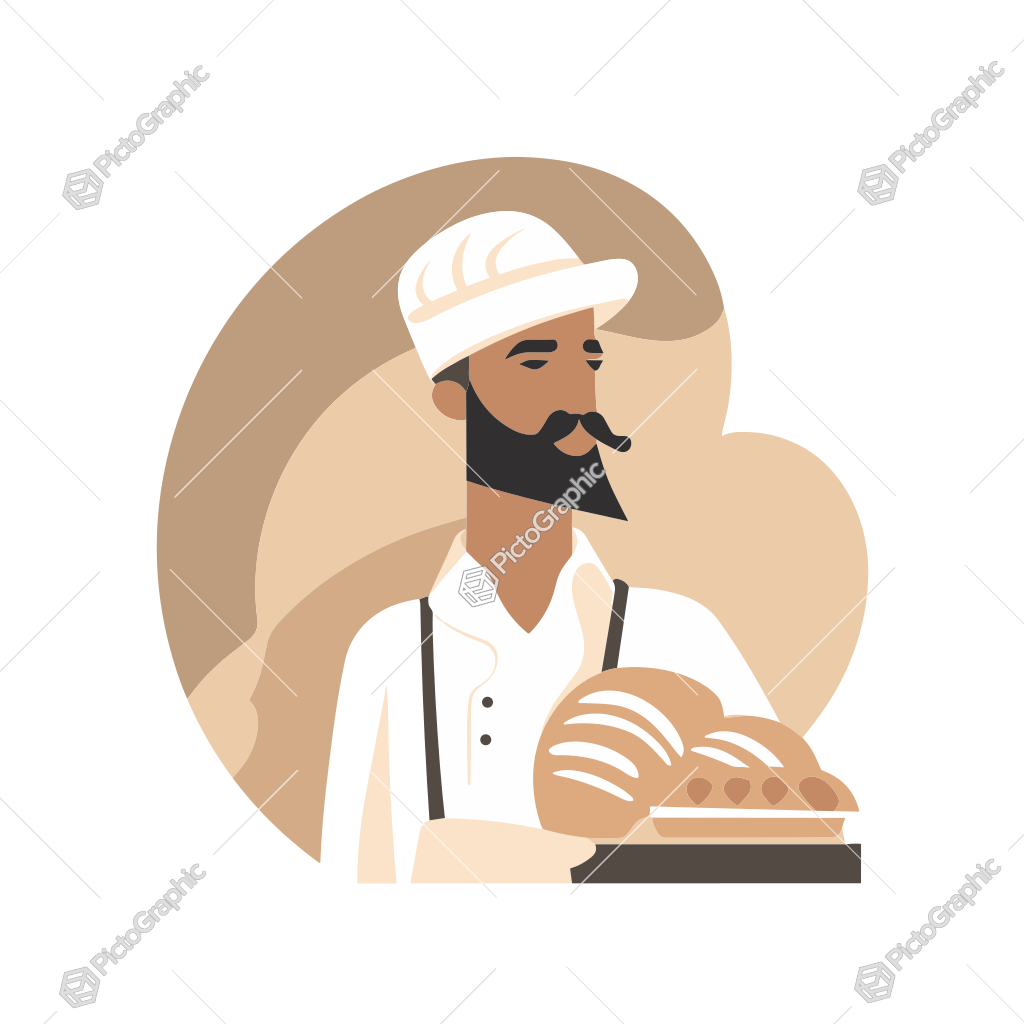 Illustration of a baker holding a tray of bread.