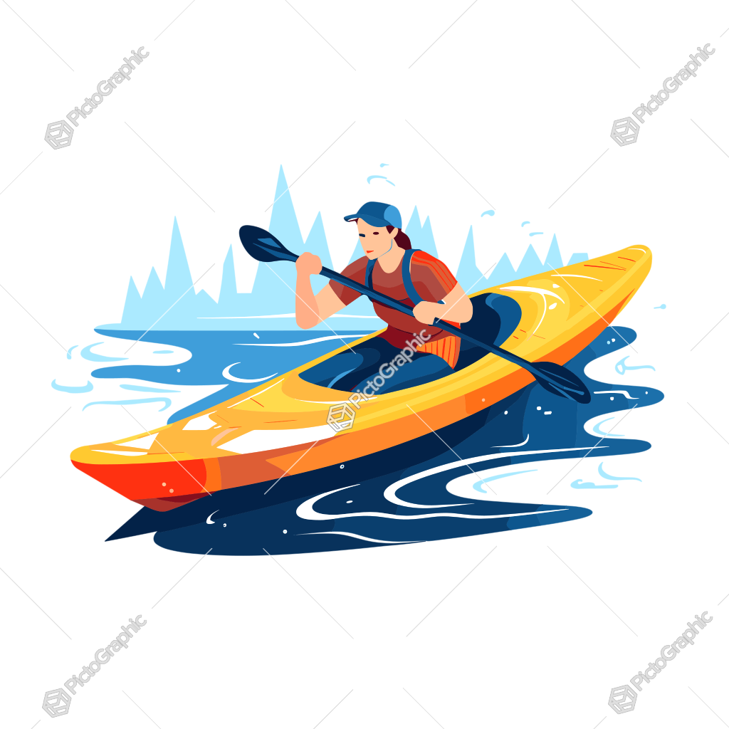 Illustration of a person kayaking on water with mountains in the background.