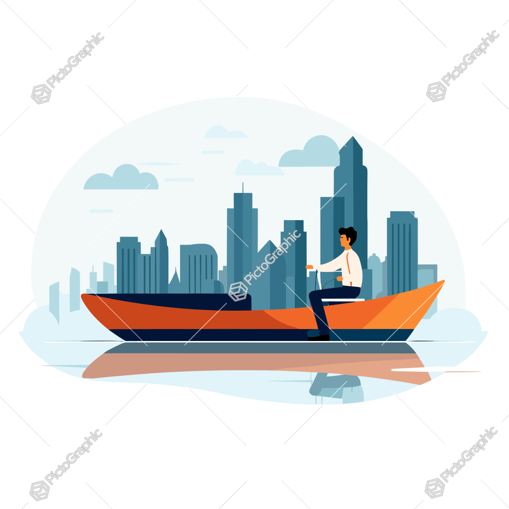 Illustration of a person on a boat in front of a city skyline.