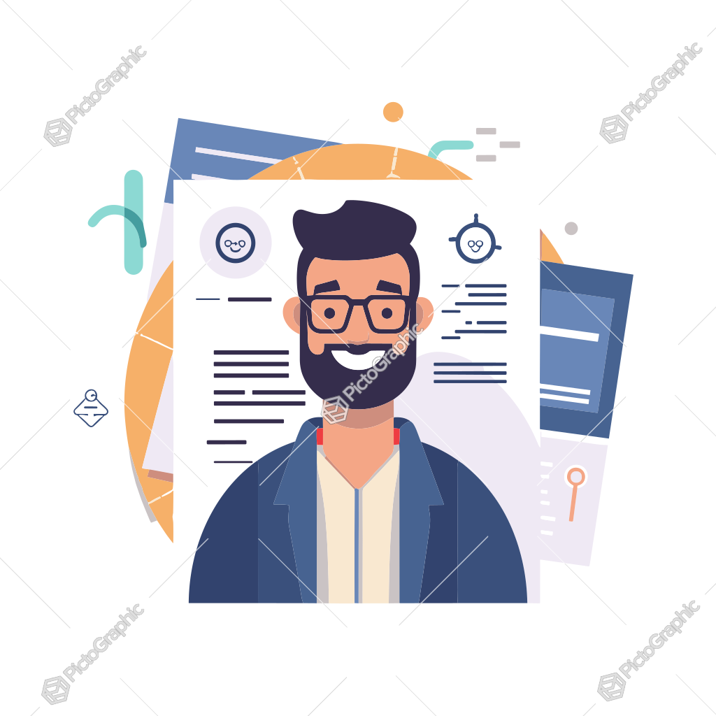 Illustration of a man with documents and interface elements in the background.