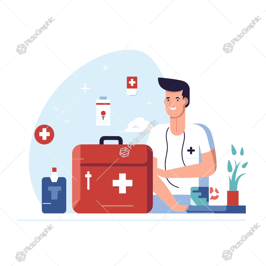 Illustration of a medical professional with a first-aid kit and medical supplies.
